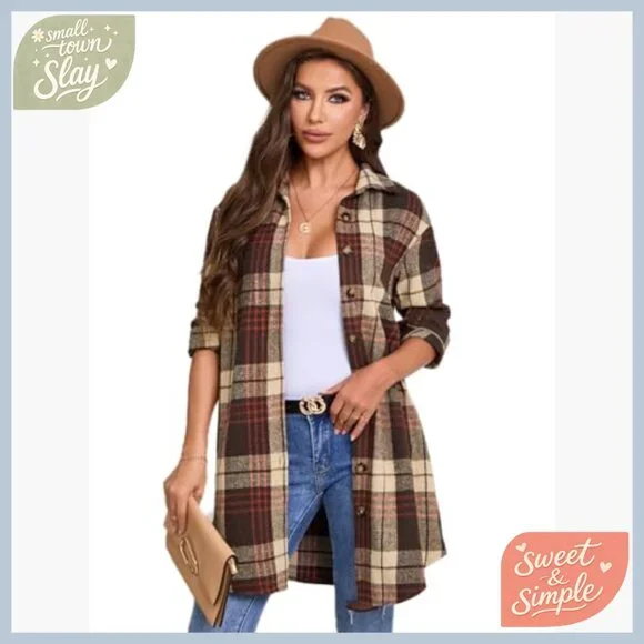 Women's Flannel Button-Down Shirt Long Sleeve Loose Fit Plaid Top - Picture 7 of 7